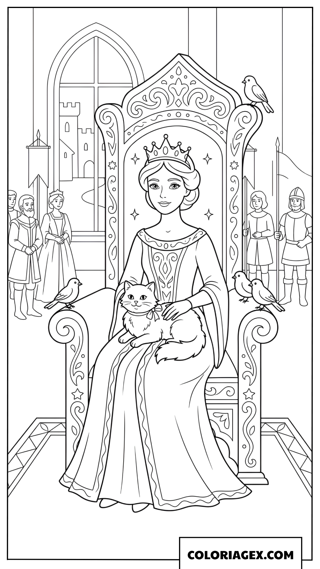 Coloriage reine sur le trone avec chat et petits oiseaux