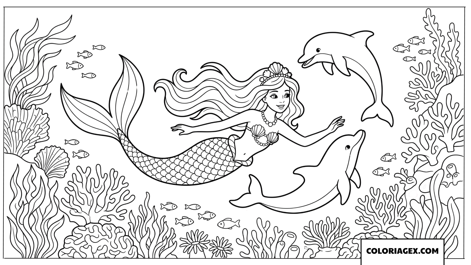 Coloriage sirene princesse nageant avec des dauphins