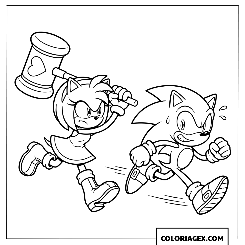 Dessin Amy Rose poursuit Sonic avec son marteau
