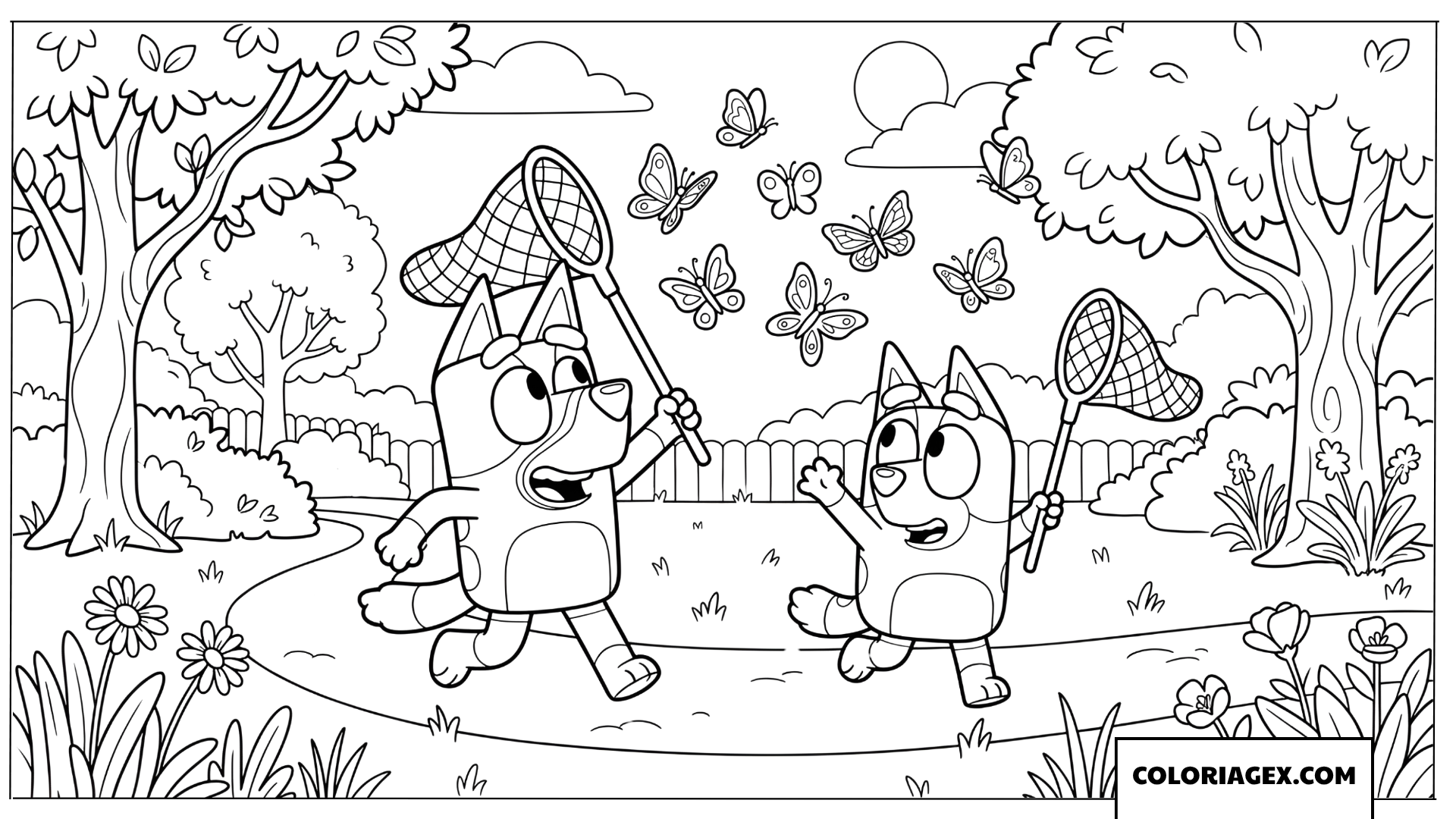 Dessin Bluey et Bingo à la chasse aux papillons