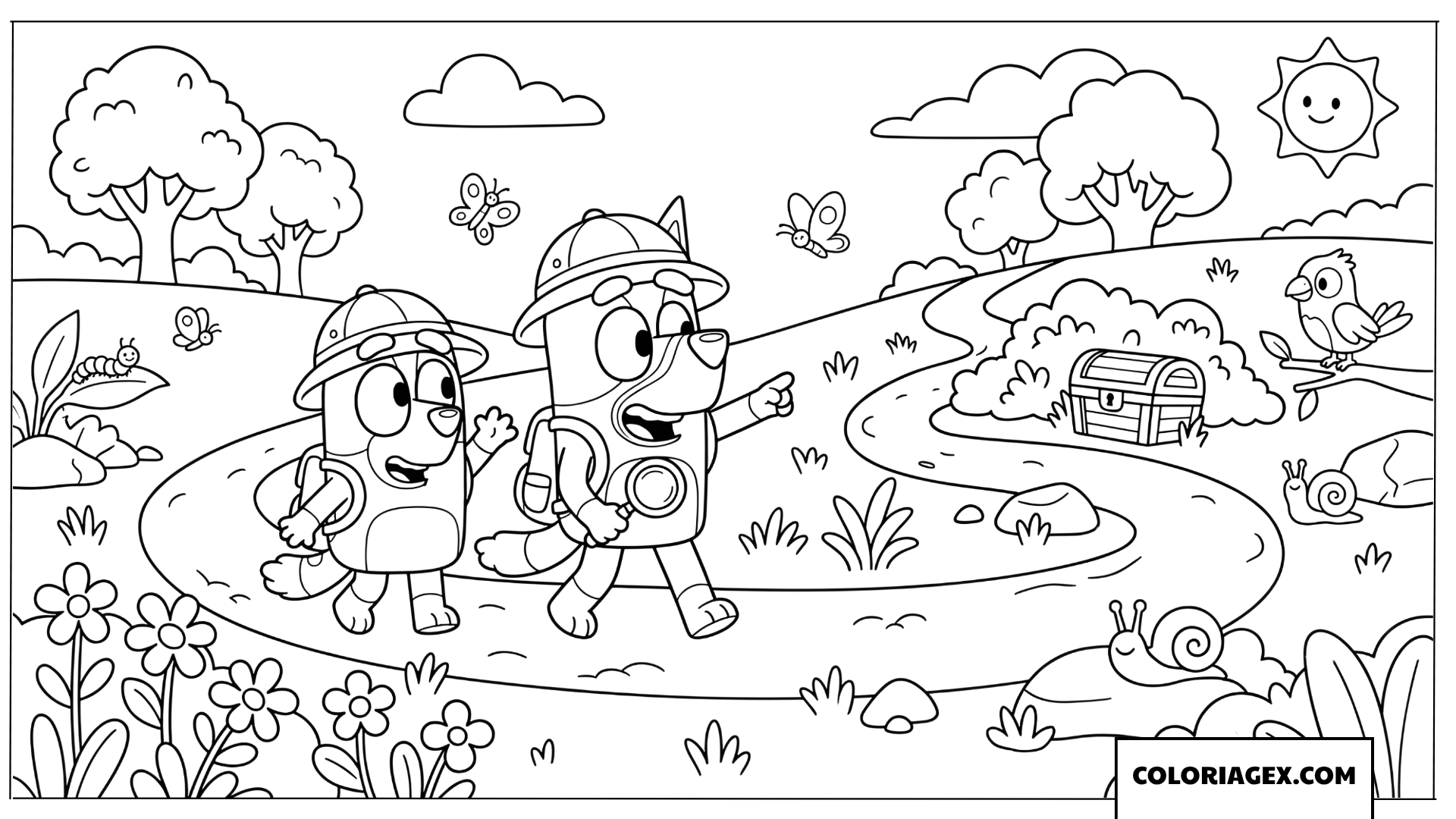 Dessin Bluey et Bingo à la recherche du trésor