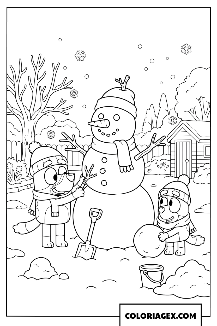 Dessin Bluey et Bingo construisent un bonhomme de neige