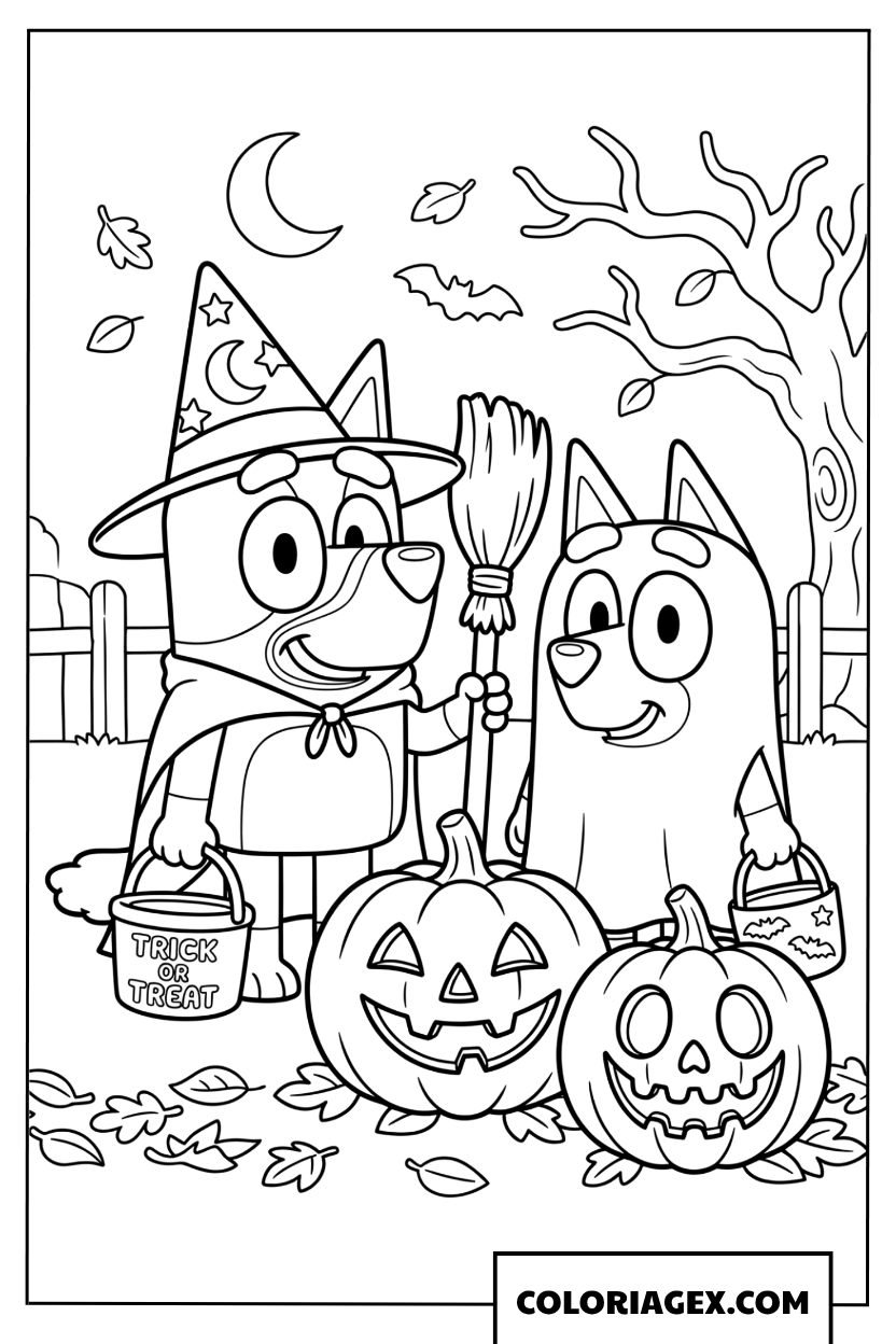 Dessin Bluey et Bingo fêtent Halloween en costume
