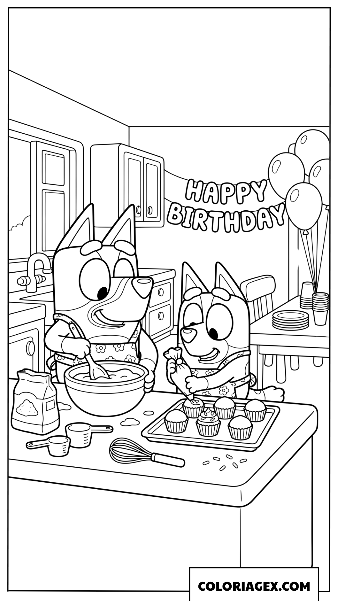 Dessin Bluey et Bingo preparent des cupcakes de fête