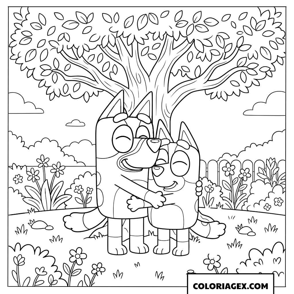 Dessin Bluey et Bingo se faisant un gros câlin dans le jardin