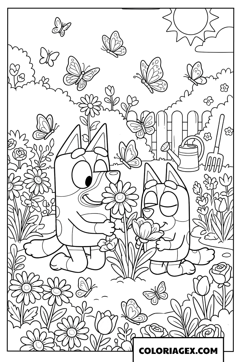 Dessin Bluey et Bingo sentant les fleurs