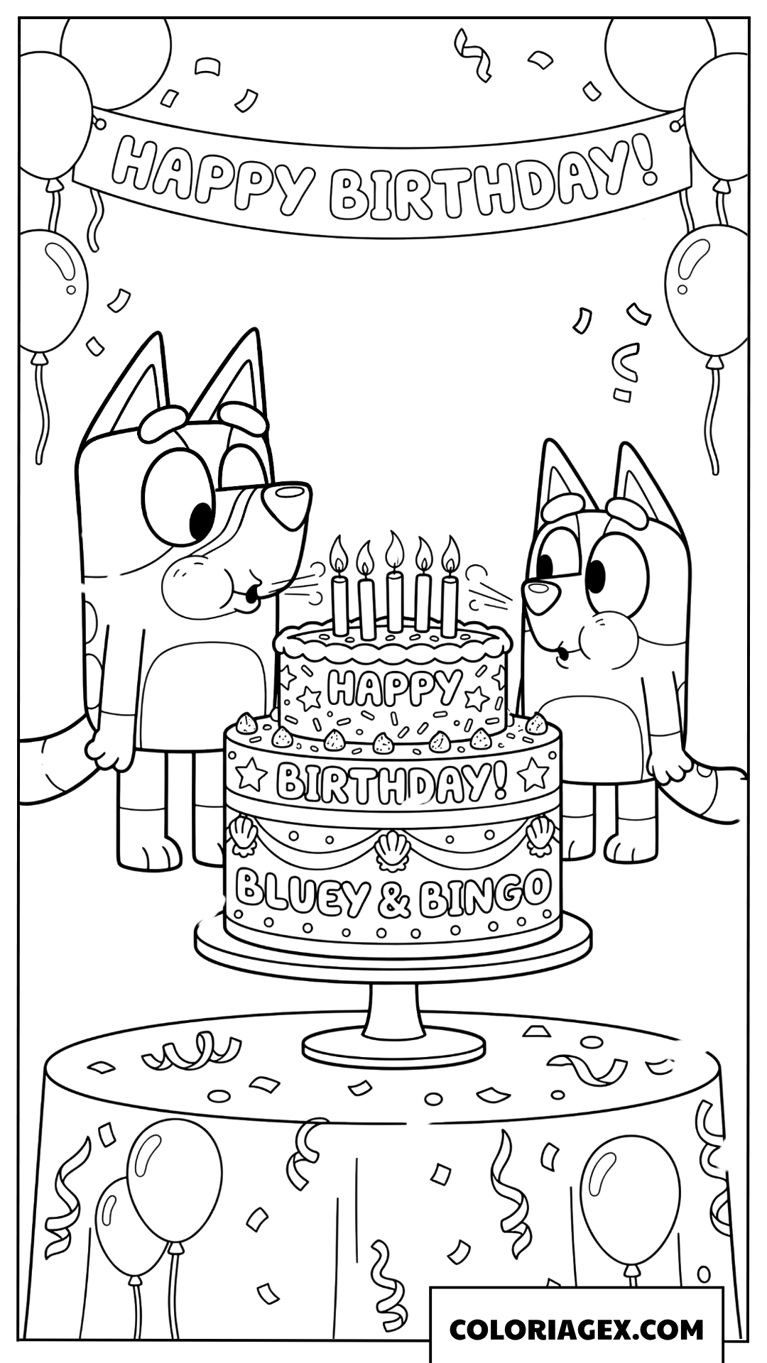 Dessin Bluey et Bingo soufflent les bougies du gateau