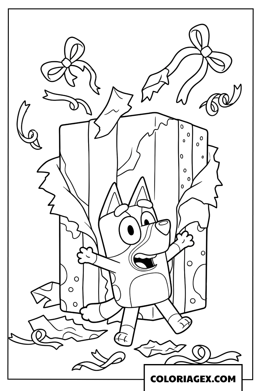 Dessin Bluey ravi avec son cadeau géant