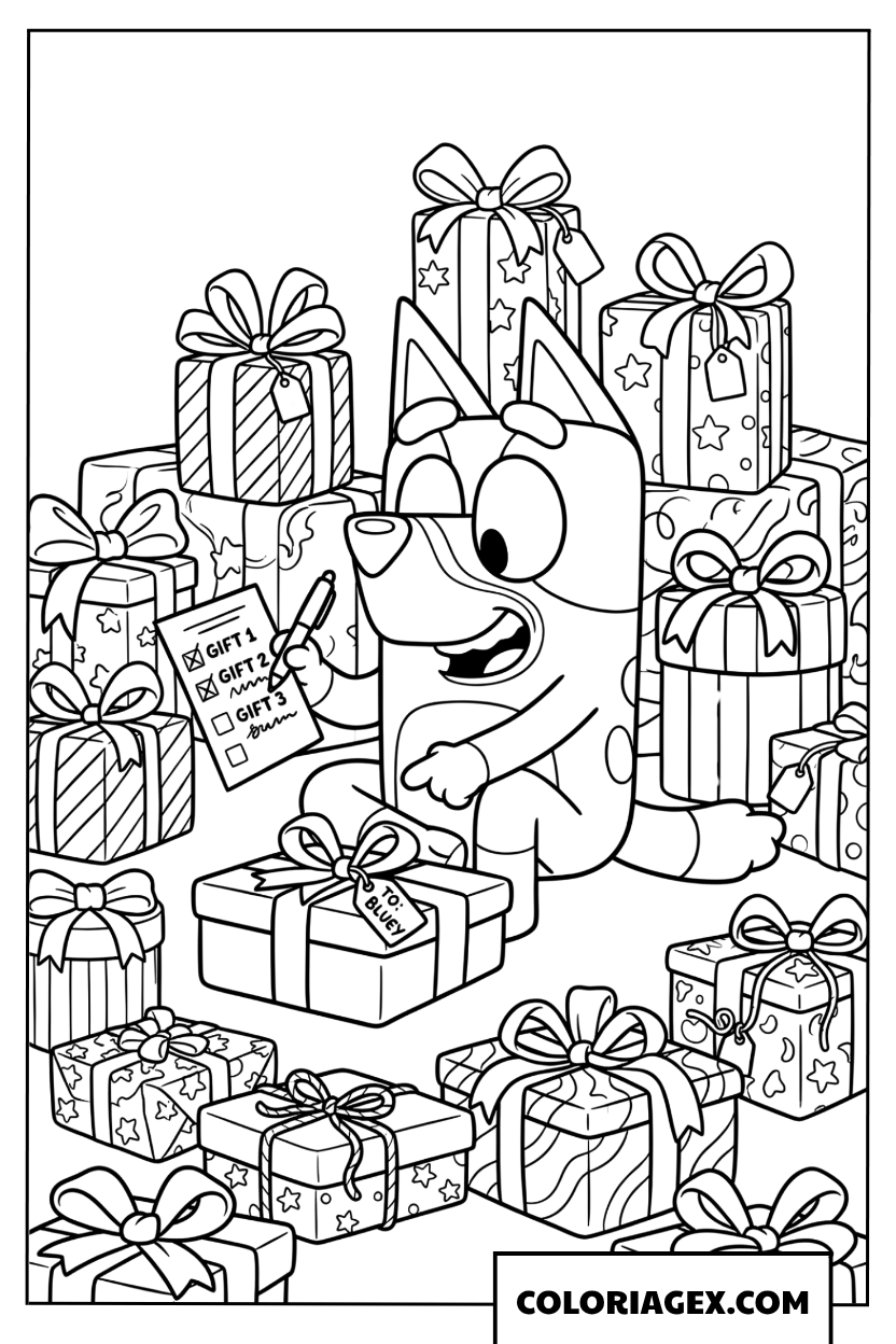 Dessin Bluey vérifie sa liste de cadeaux d anniversaire