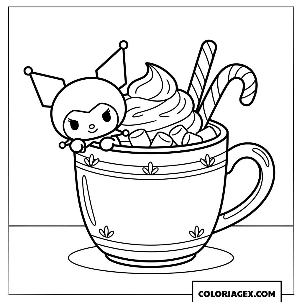 Dessin Kuromi allongee dans une tasse avec de la creme et des bonbons
