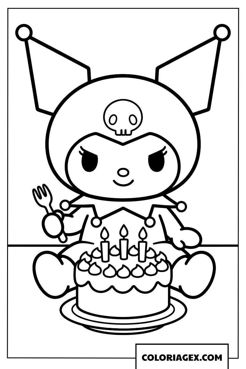 Dessin Kuromi assise devant un gateau danniversaire avec bougies