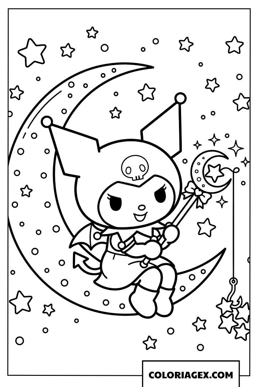 Dessin Kuromi assise sur un croissant de lune avec une baguette etoilee