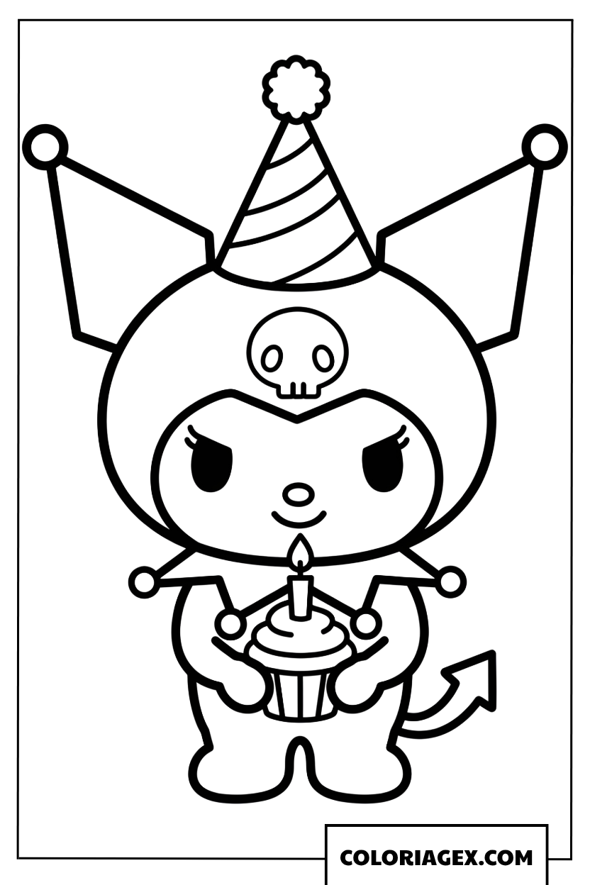Dessin Kuromi avec chapeau de fete tenant un cupcake