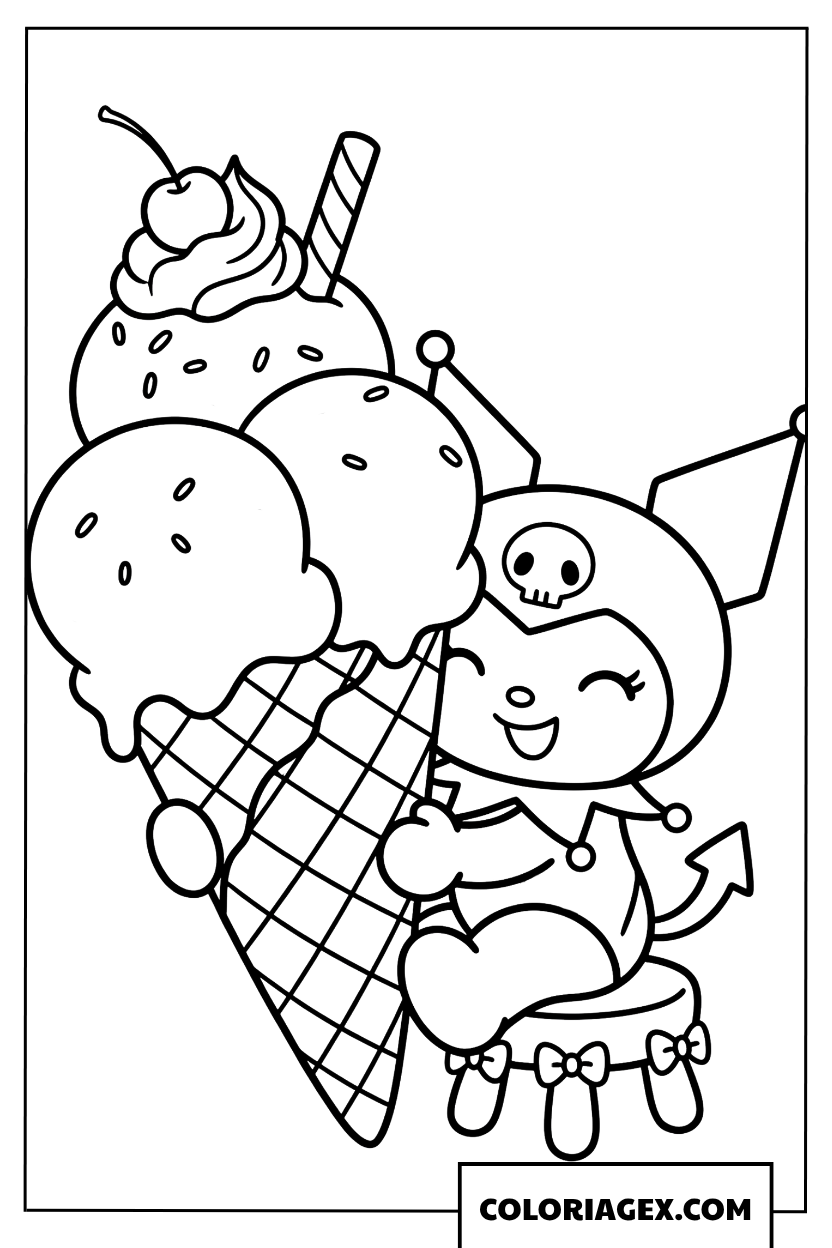 Dessin Kuromi avec de grandes glaces en cornet gourmandes