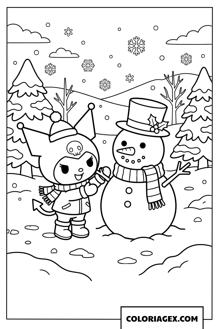 Dessin Kuromi construit bonhomme de neige en hiver