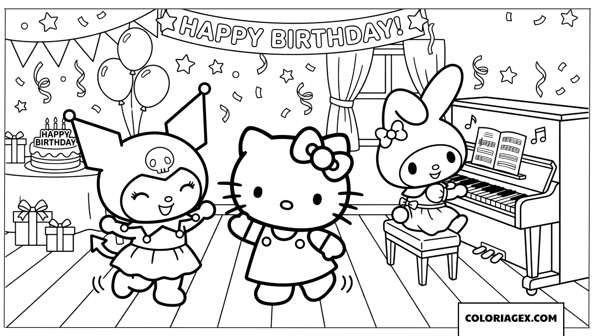 Dessin Kuromi danse avec ses amis pendant la fete danniversaire