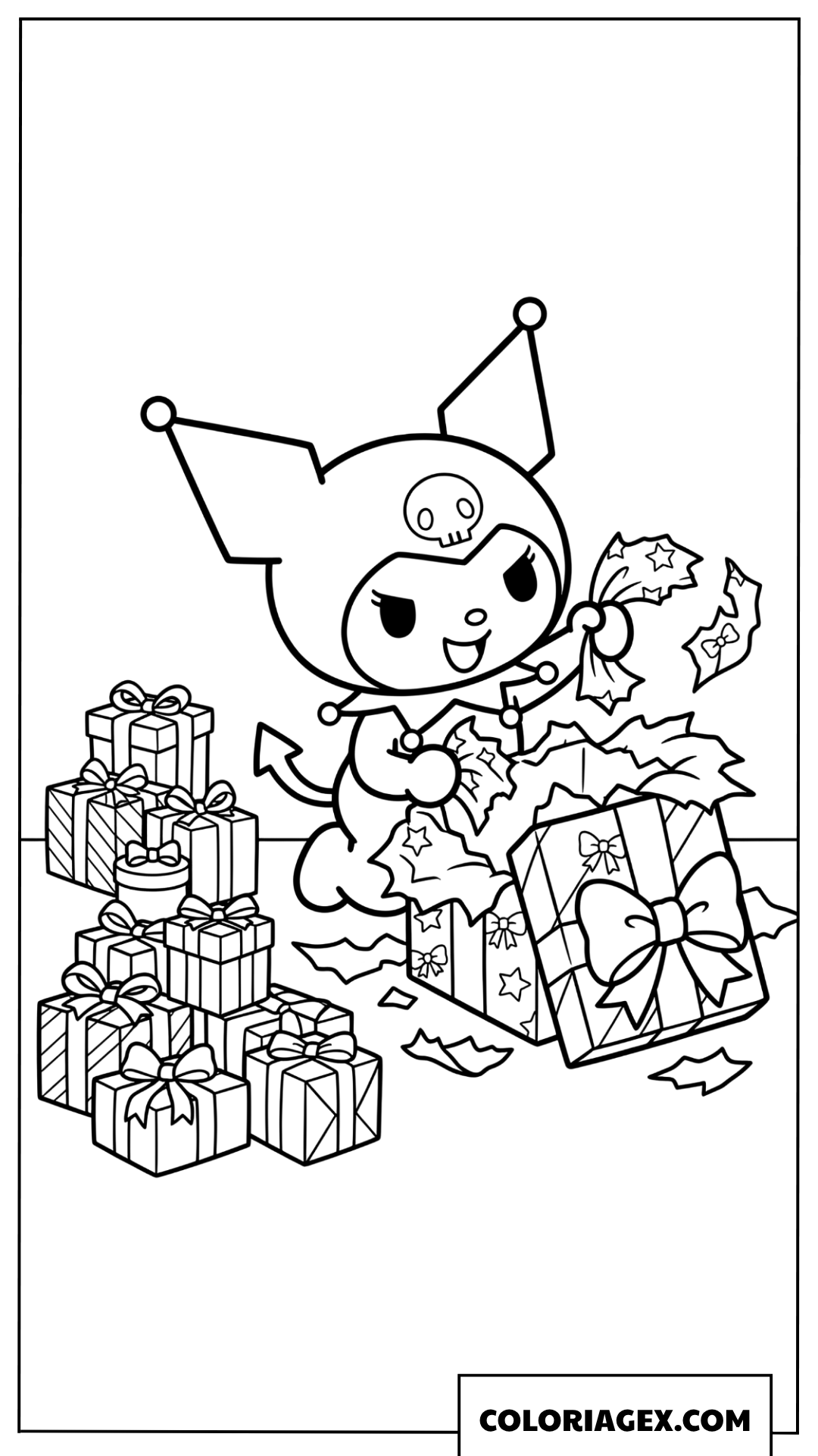 Dessin Kuromi dechire le papier cadeau avec enthousiasme