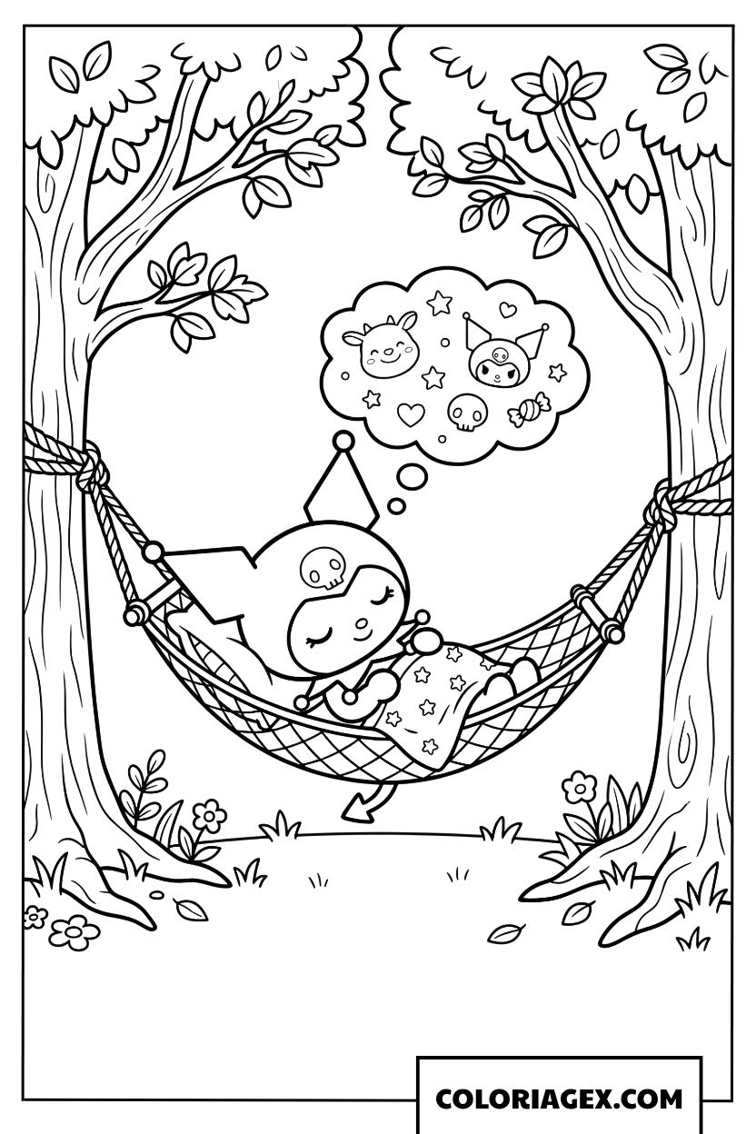 Dessin Kuromi dort paisiblement dans hamac sous les arbres