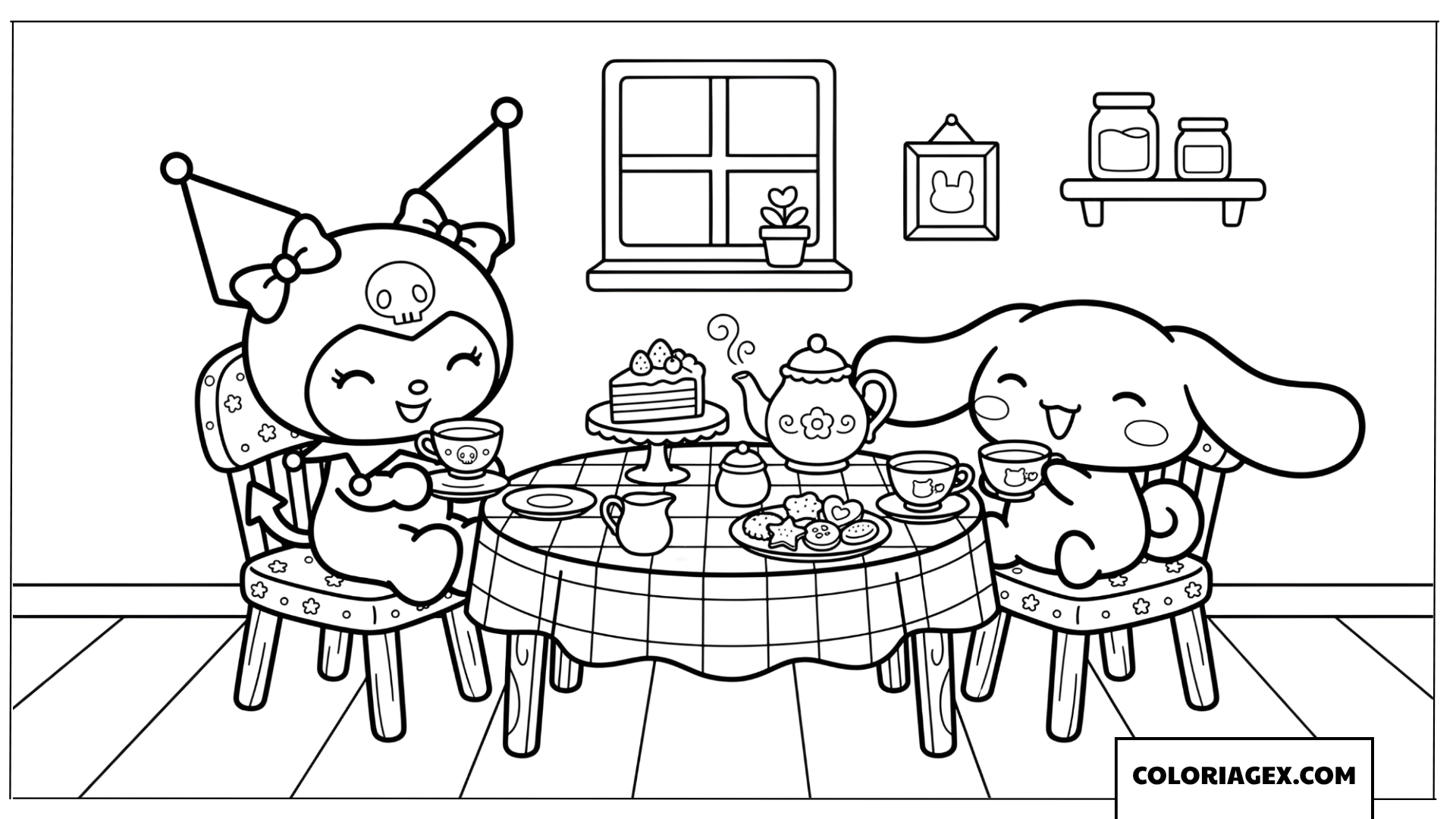 Dessin Kuromi et Cinnamoroll prennent le the avec desserts