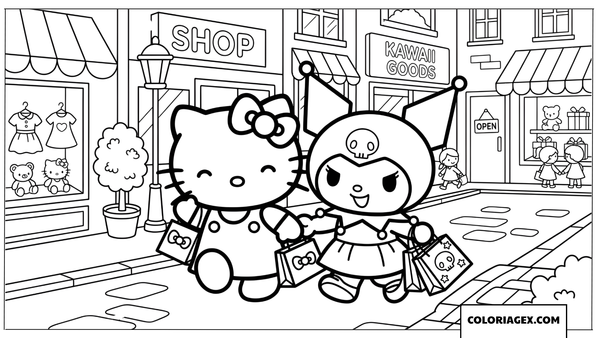 Dessin Kuromi et Hello Kitty shopping en ville a colorier