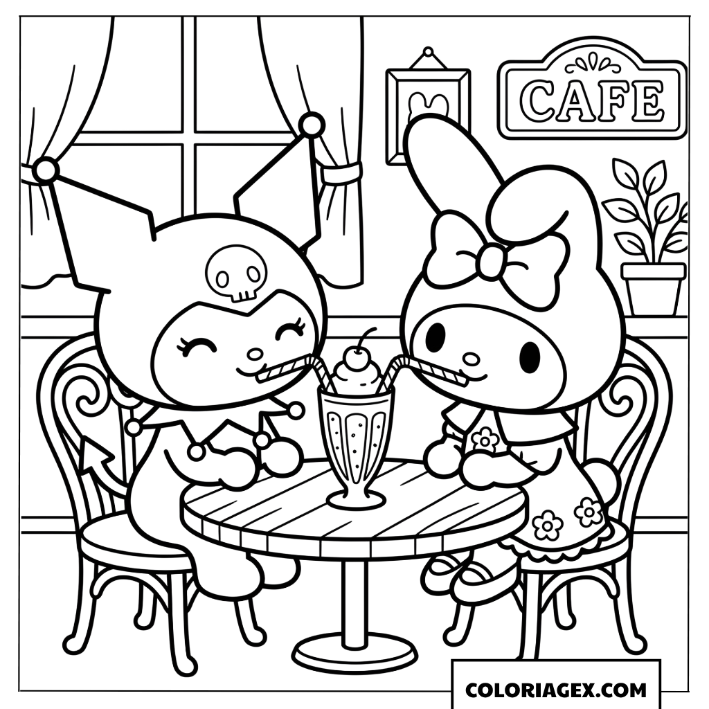 Dessin Kuromi et My Melody boivent milkshake au cafe