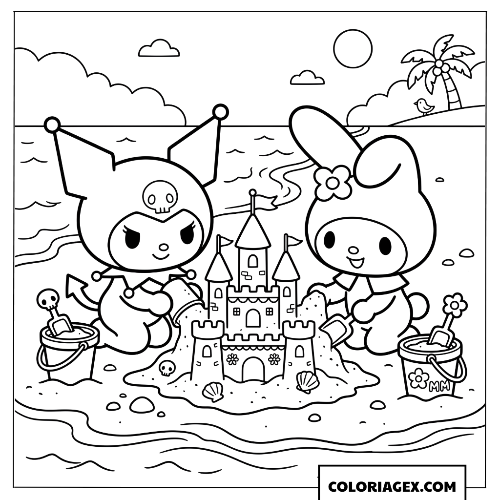 Dessin Kuromi et My Melody construisent chateau de sable a la plage