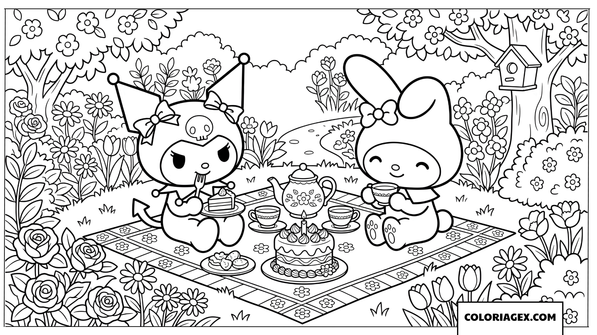 Dessin Kuromi et My Melody pique nique dans le jardin fleuri