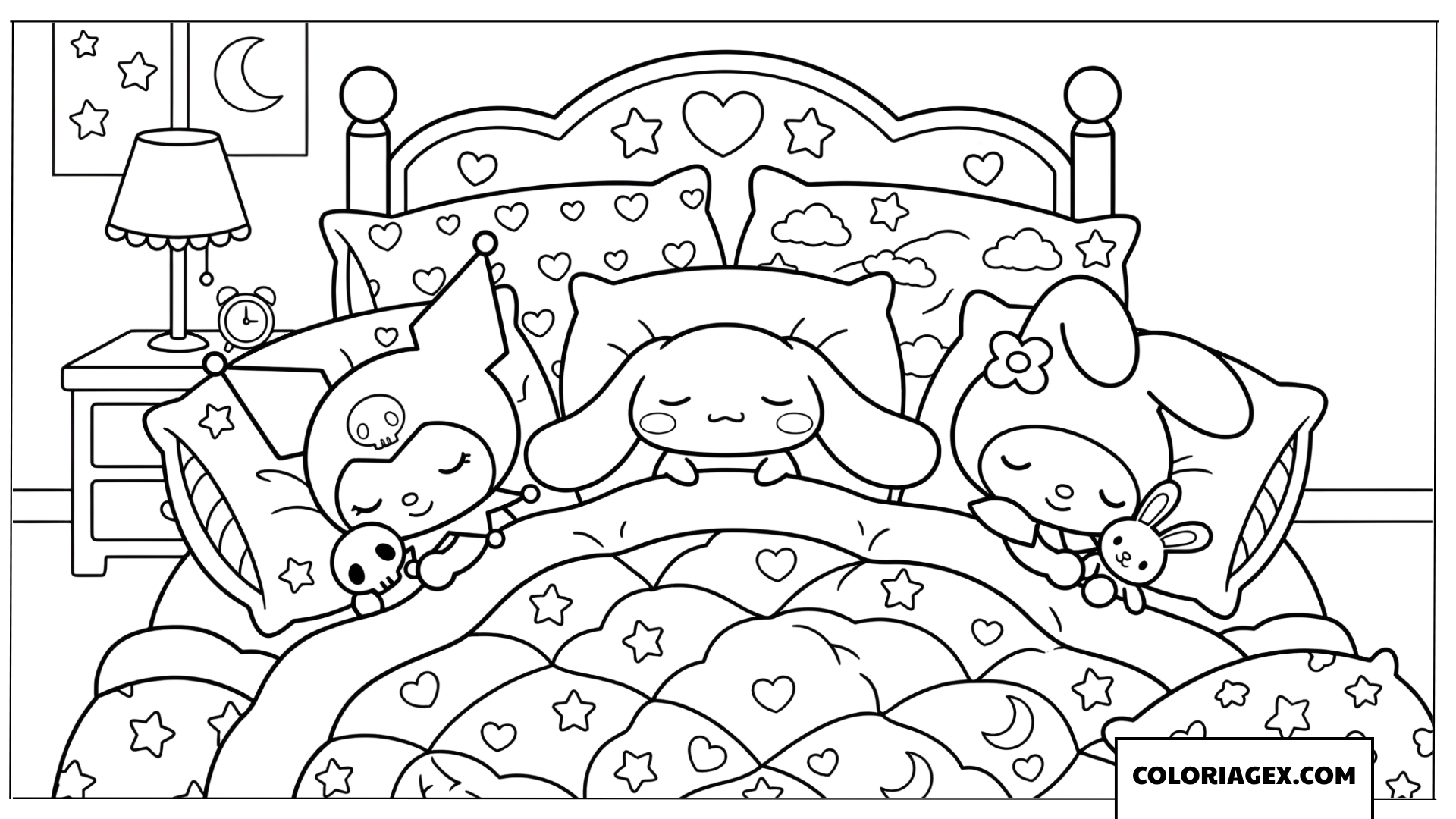 Dessin Kuromi et ses amis dorment paisiblement dans un lit