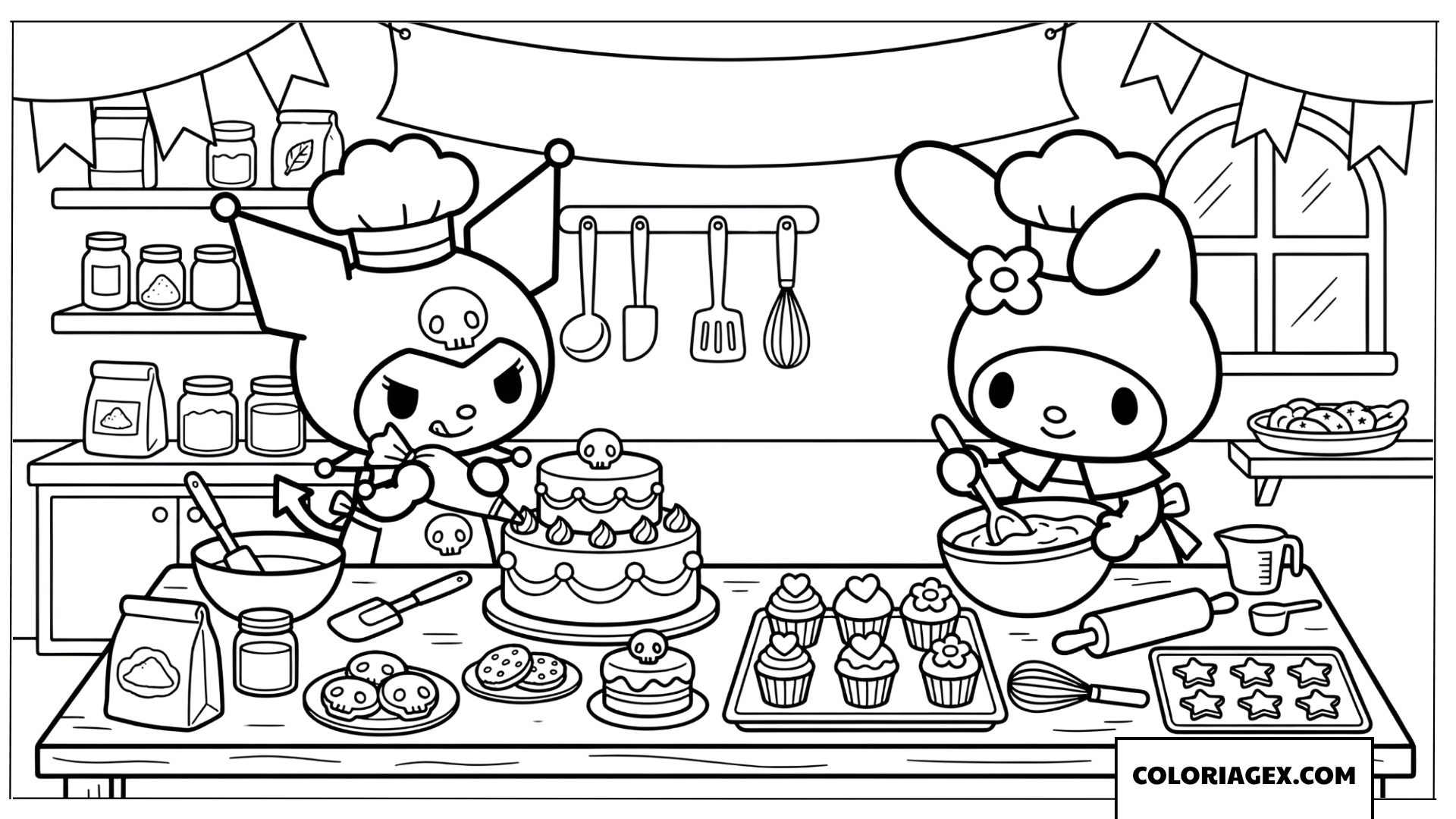 Dessin Kuromi et son amie cuisinent des gateaux dans la cuisine