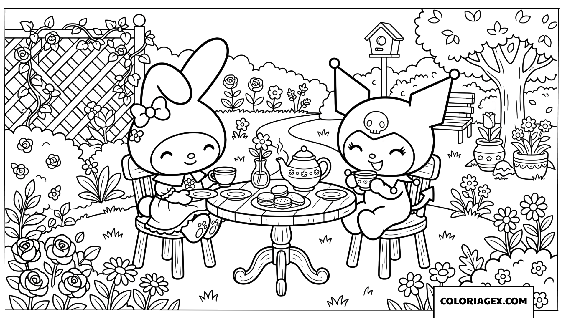 Dessin Kuromi et son amie prennent le the dans un jardin fleuri