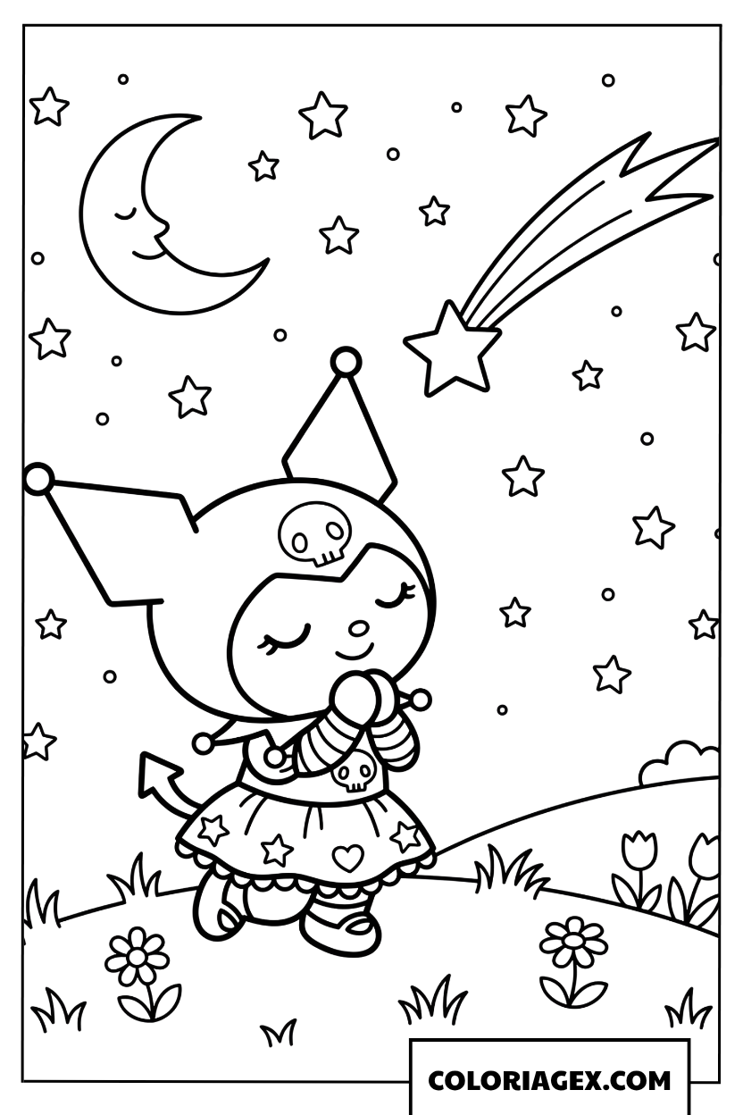 Dessin Kuromi fait un voeu sous une etoile filante dans le ciel nocturne