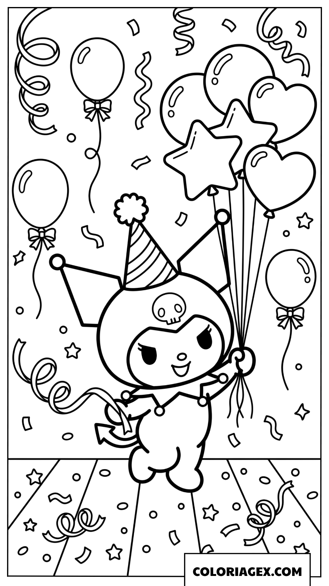 Dessin Kuromi fete son anniversaire avec des ballons et des confettis