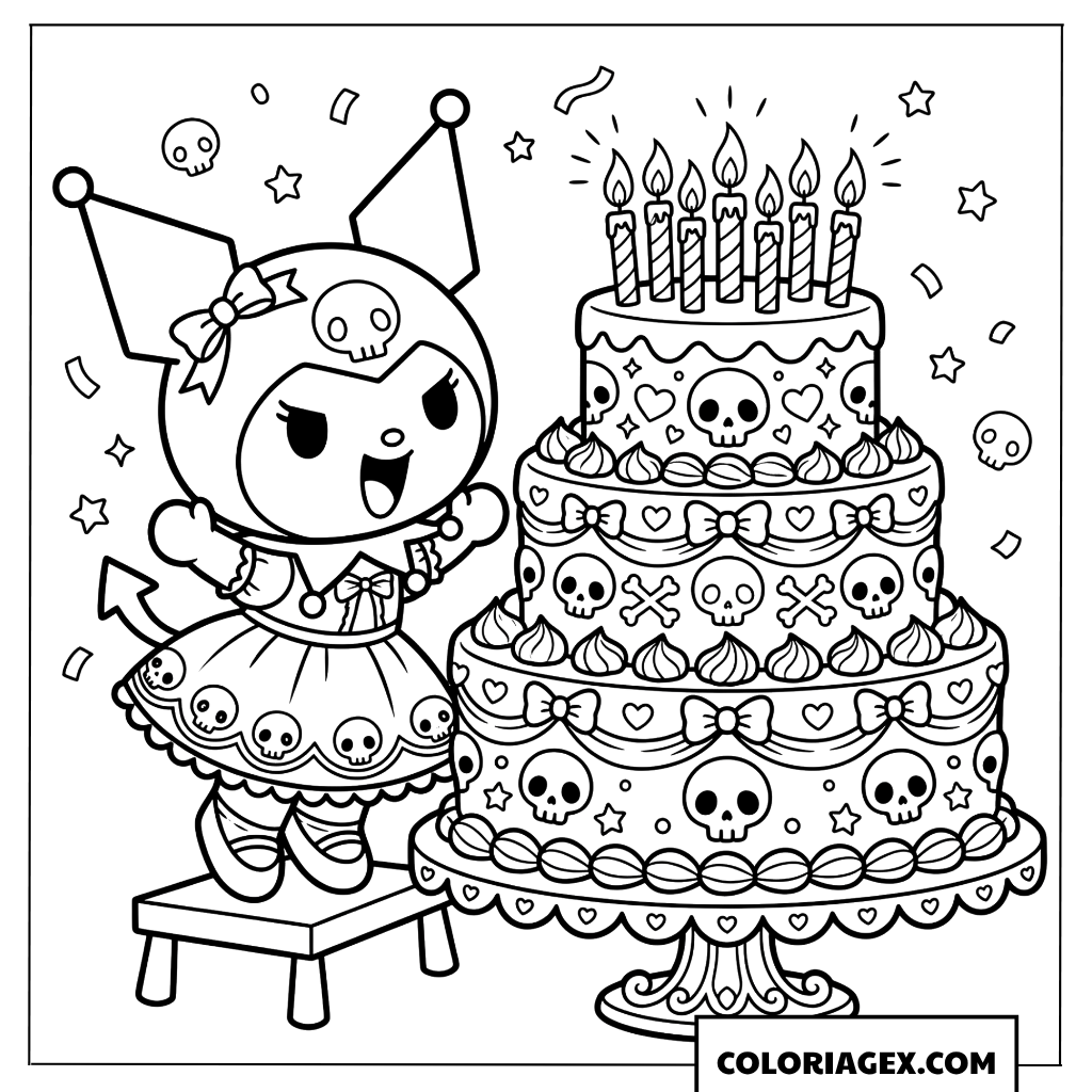 Dessin Kuromi fete son anniversaire avec un gateau decore de tetes de mort