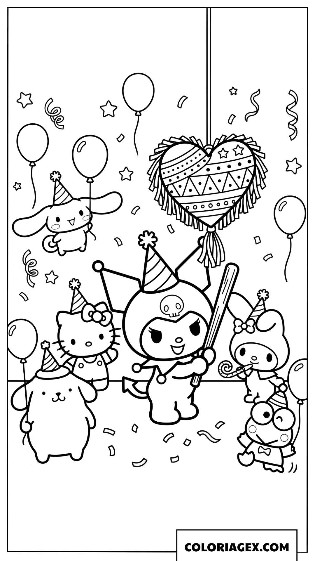 Dessin Kuromi frappe pinata coeur avec ses amis en fete