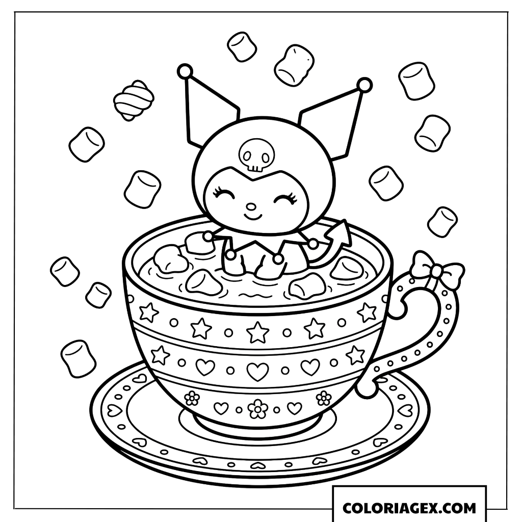 Dessin Kuromi joue dans une tasse avec des marshmallows qui tombent