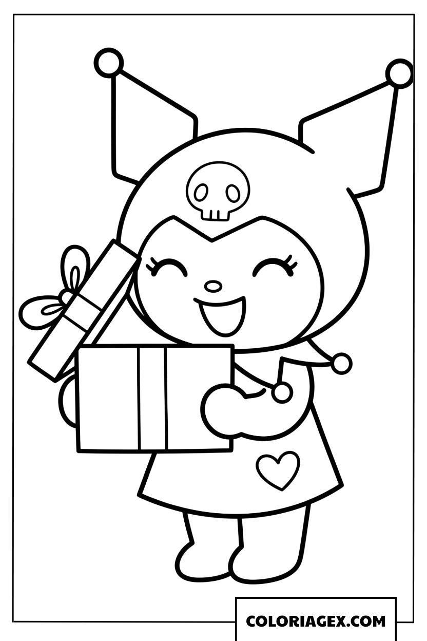 Dessin Kuromi ouvre un cadeau danniversaire avec joie