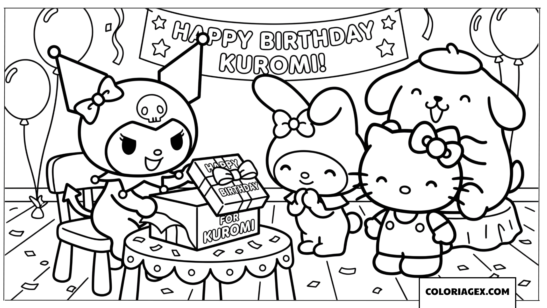 Dessin Kuromi ouvre un cadeau danniversaire entouree de ses amis