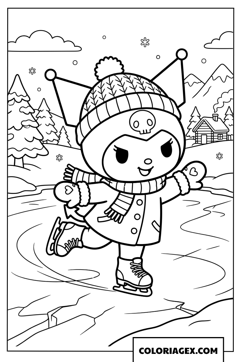 Dessin Kuromi patinage sur glace dans paysage enneige