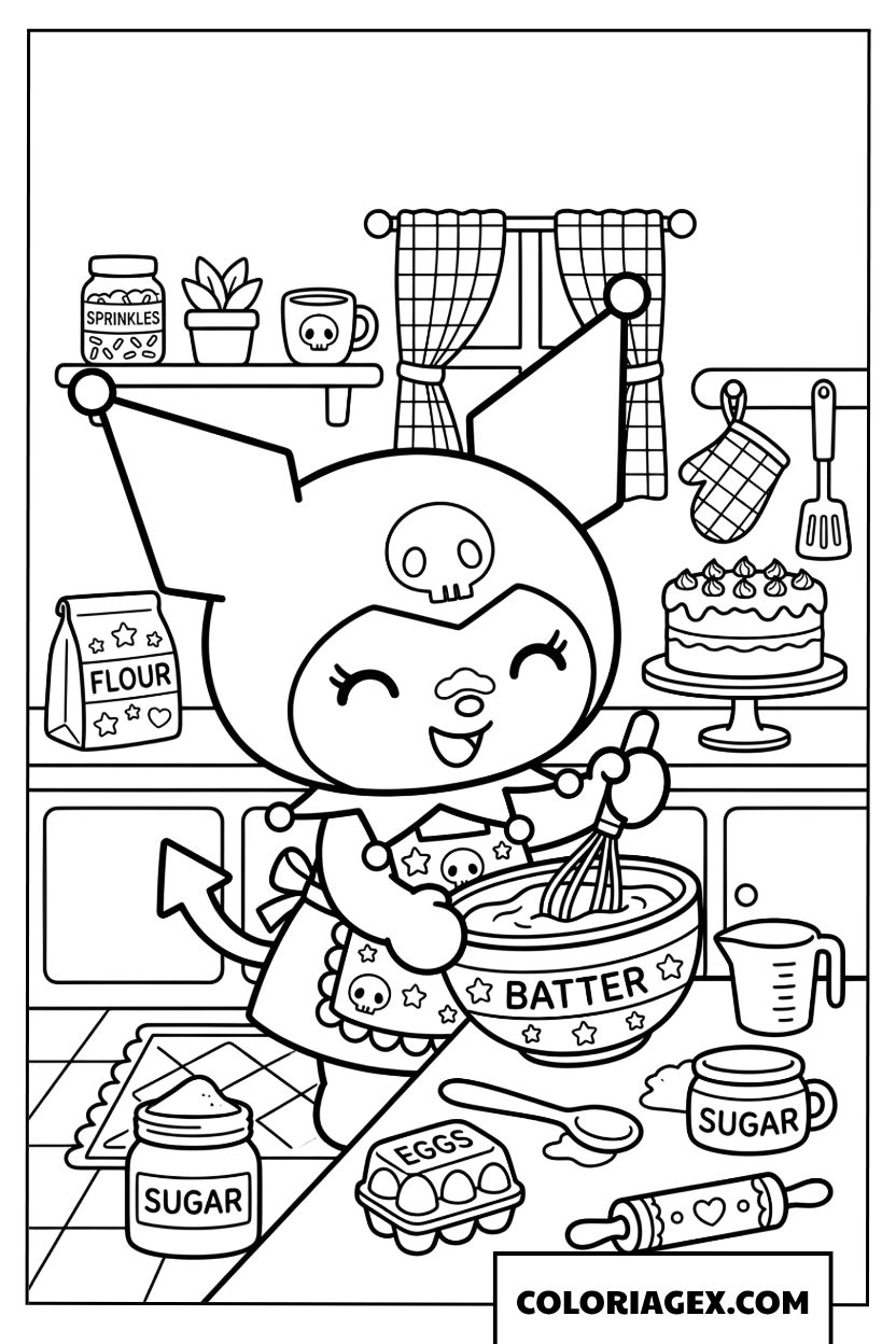 Dessin Kuromi prepare gateau dans cuisine a colorier