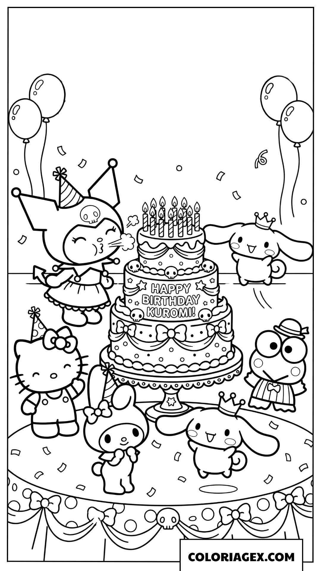 Dessin Kuromi souffle bougies gateau anniversaire avec amis