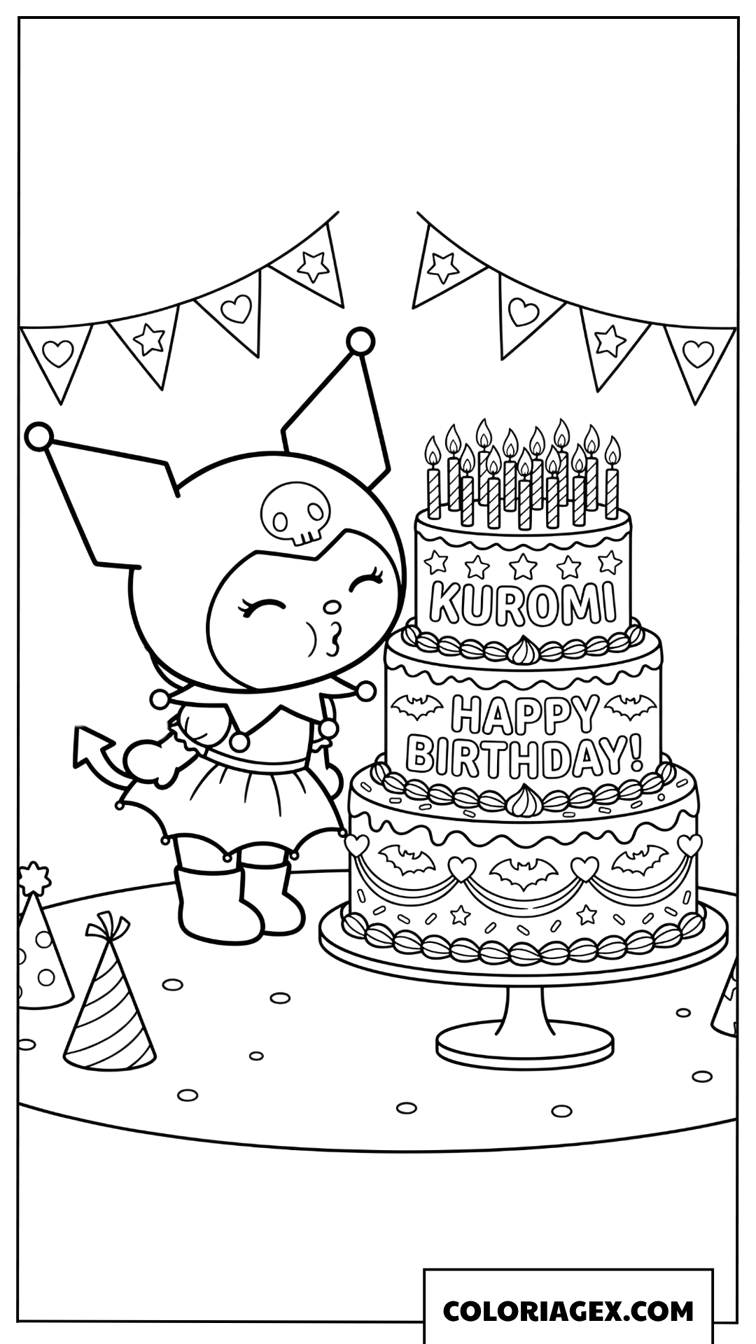 Dessin Kuromi souffle bougies sur grand gateau anniversaire