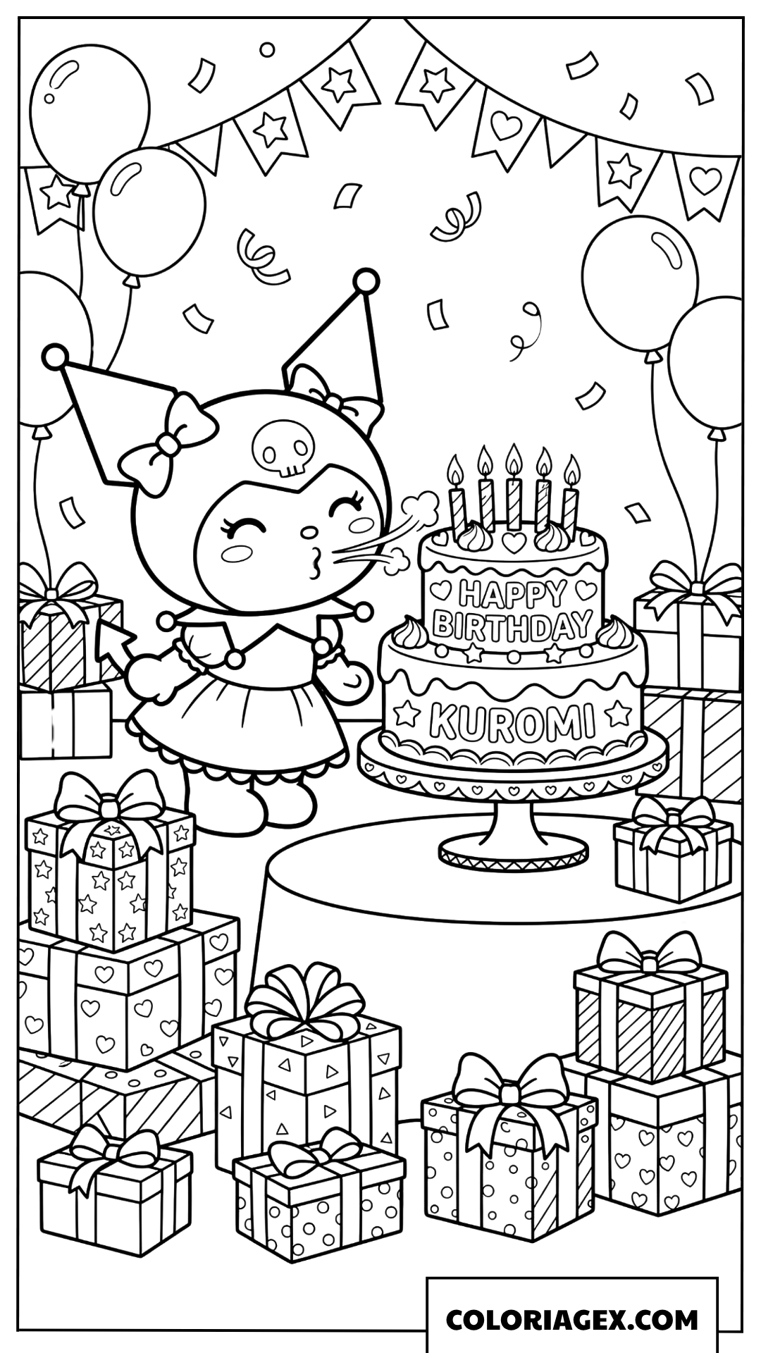 Dessin Kuromi souffle les bougies sur un gateau danniversaire