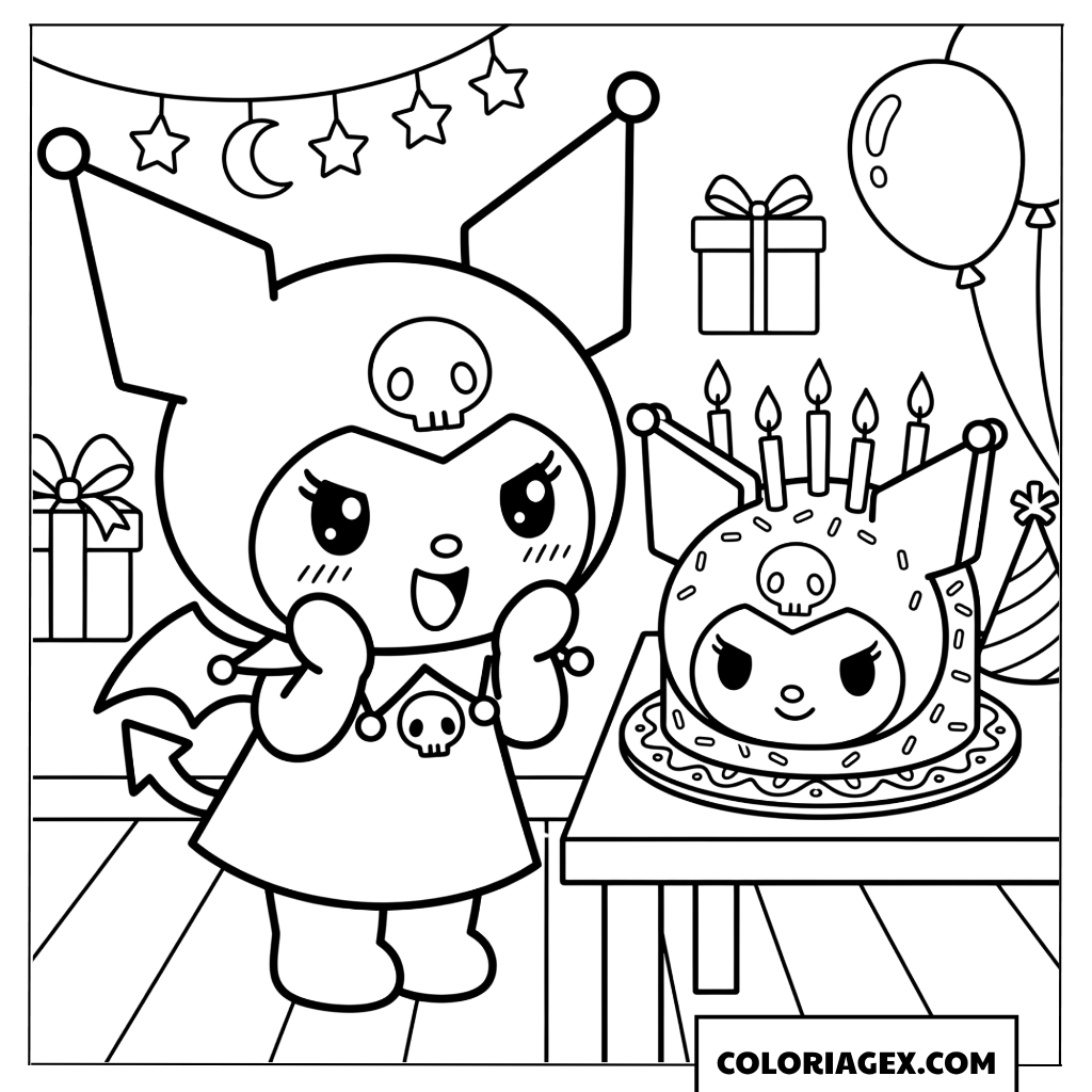 Dessin Kuromi surprise devant un gateau danniversaire et des cadeaux