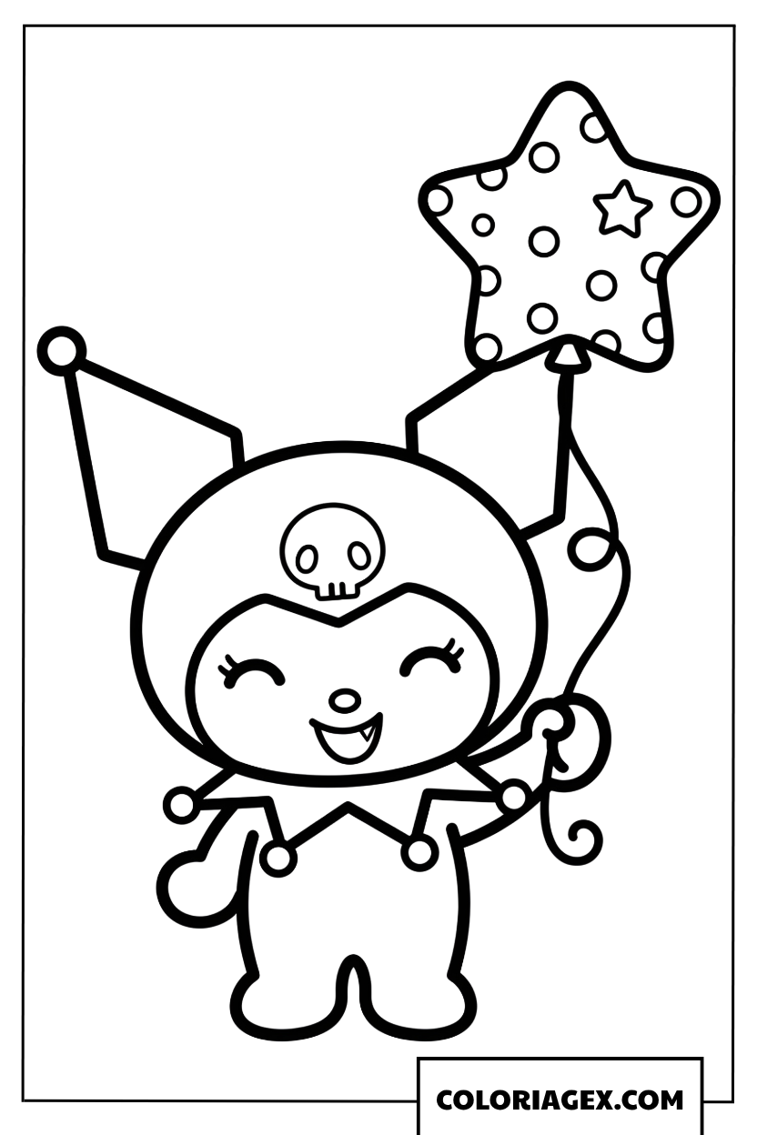 Dessin Kuromi tient un ballon etoile decoratif