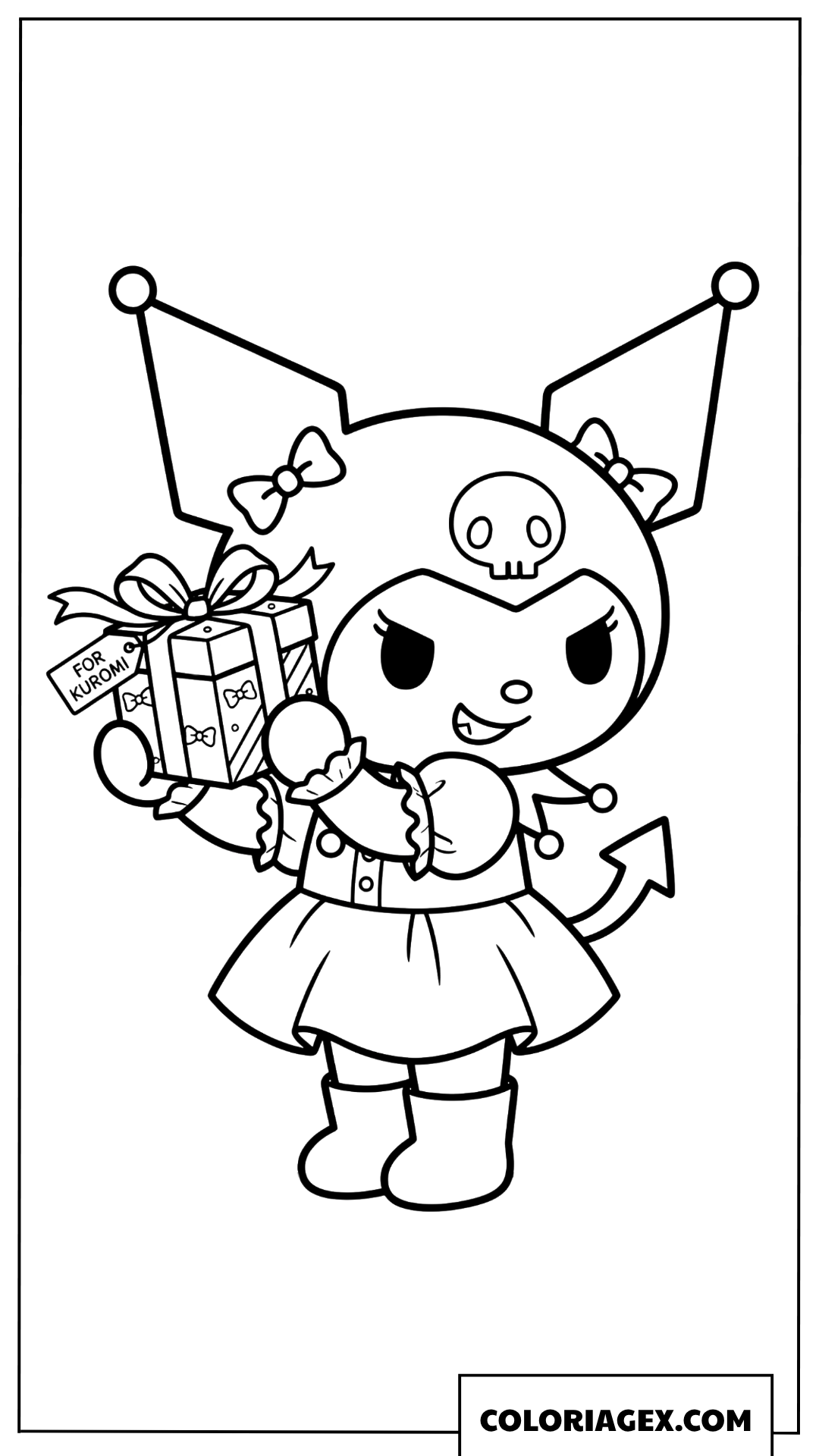 Dessin Kuromi tient un cadeau danniversaire avec sourire malicieux