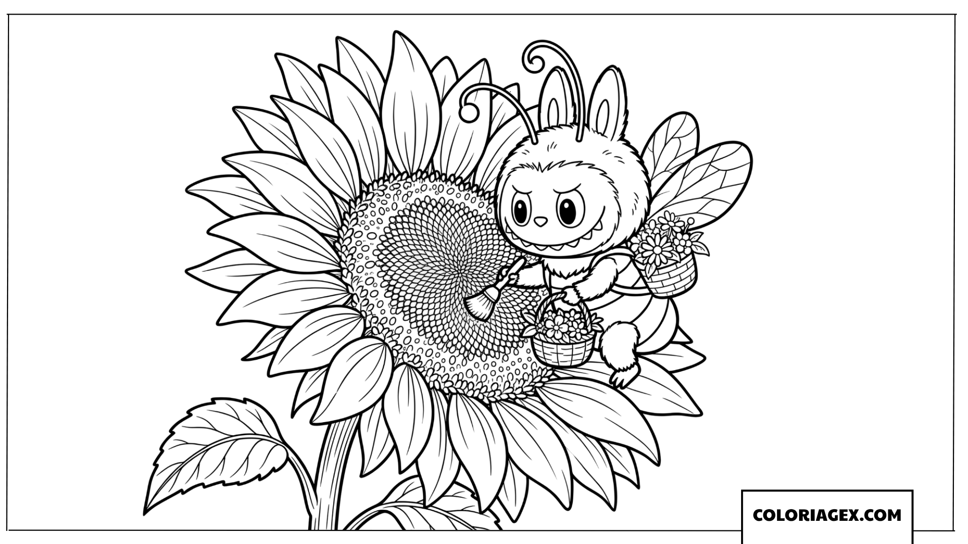 Dessin Labubu abeille sur tournesol