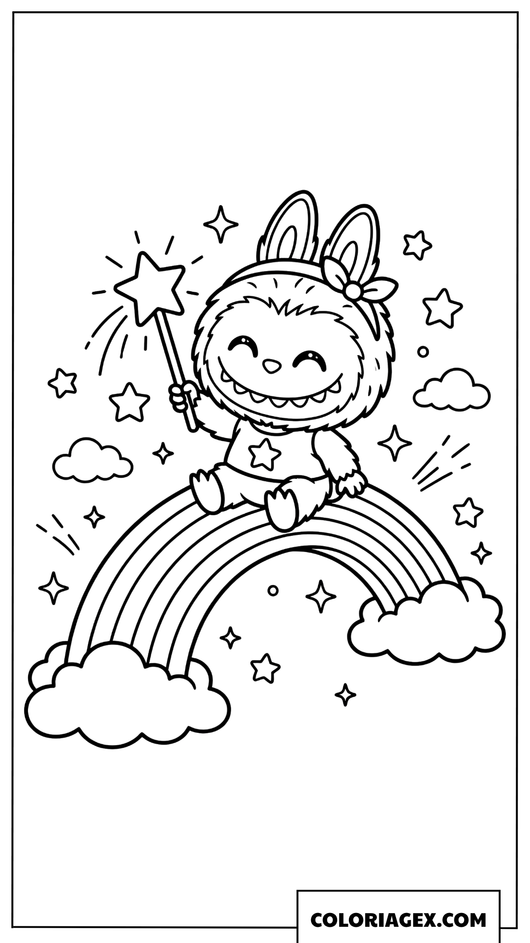 Dessin Labubu assis sur un arc en ciel magique