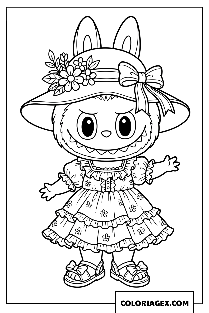 Dessin Labubu avec chapeau de fleurs et robe a volants
