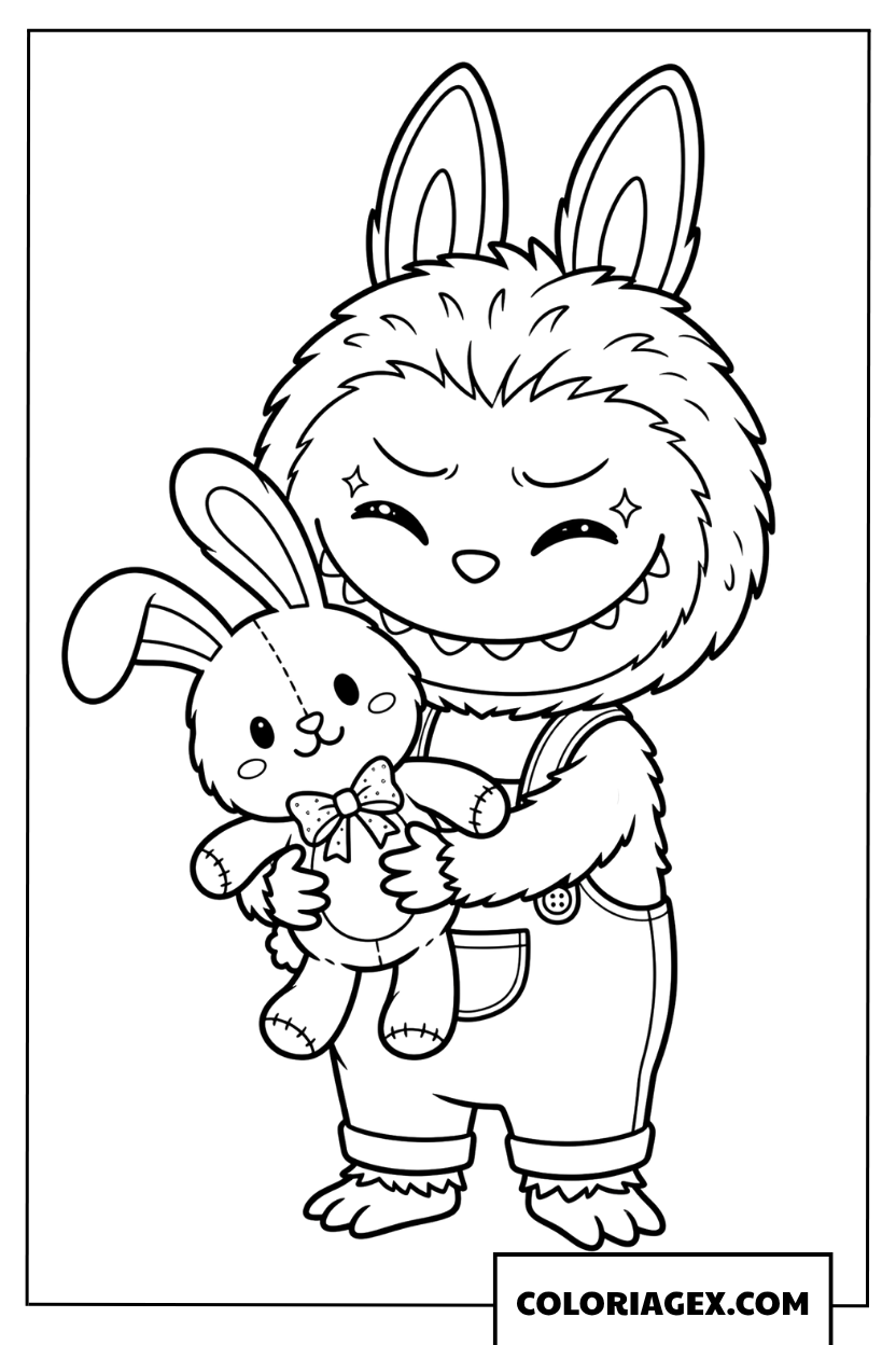 Dessin Labubu caline un lapin en peluche