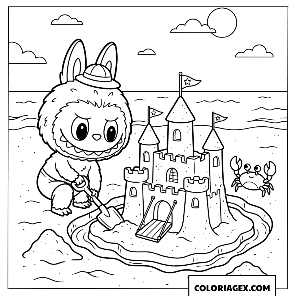 Dessin Labubu construit et un petit crabe